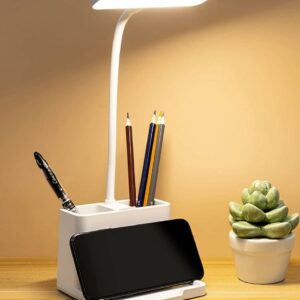 FLYNGO Plastic 3 Color Mode Led Study Table Desk Lamp For Students With Pen & Phone Holder, Rechargeable Touch On/Off Studying (204White)