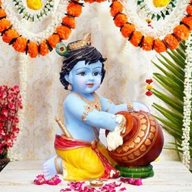 Hand Carved Baby Krishna Resin Sculpture Lord Krishna Makhan Chor Idol,7X 5 Inch (Blue)