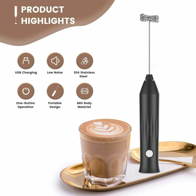 Coffee frother Electric with 2 Whisker & 3-Speed Adjustable 1100mAh Battery Milk Blender Beater Handheld Foam Maker Mixer Gift 11000 RPM Lattes Cappuccino (309)