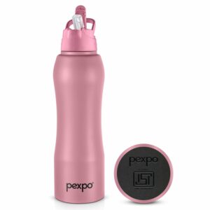PEXPO Belly ISI Certified Stainless Steel Water Bottle with Straw Lid Sipper Cap, 1000 ML | Rosy Brown | Single Wall Fridge Bottle| Easy Grip | Bottles for Home, Office, Gym, School, Yoga & Trek