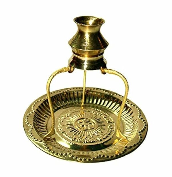 Brass Pooja Plate Thali with Shivling Stand and Abhishek Lota Kalash Brass (Gold) Small (Pack of 2 Set)