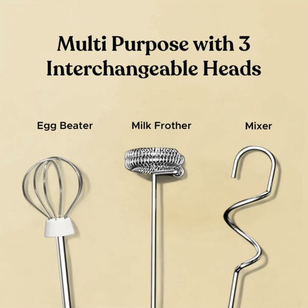 AeroWhisk Pro Rechargeable Frother | 3 Speed Modes | 3 Replaceable Heads - Milk Frother, Egg Beater, Mixer | Powerful Motor with 1500mAh Battery | Stand Included (White) - Image 3