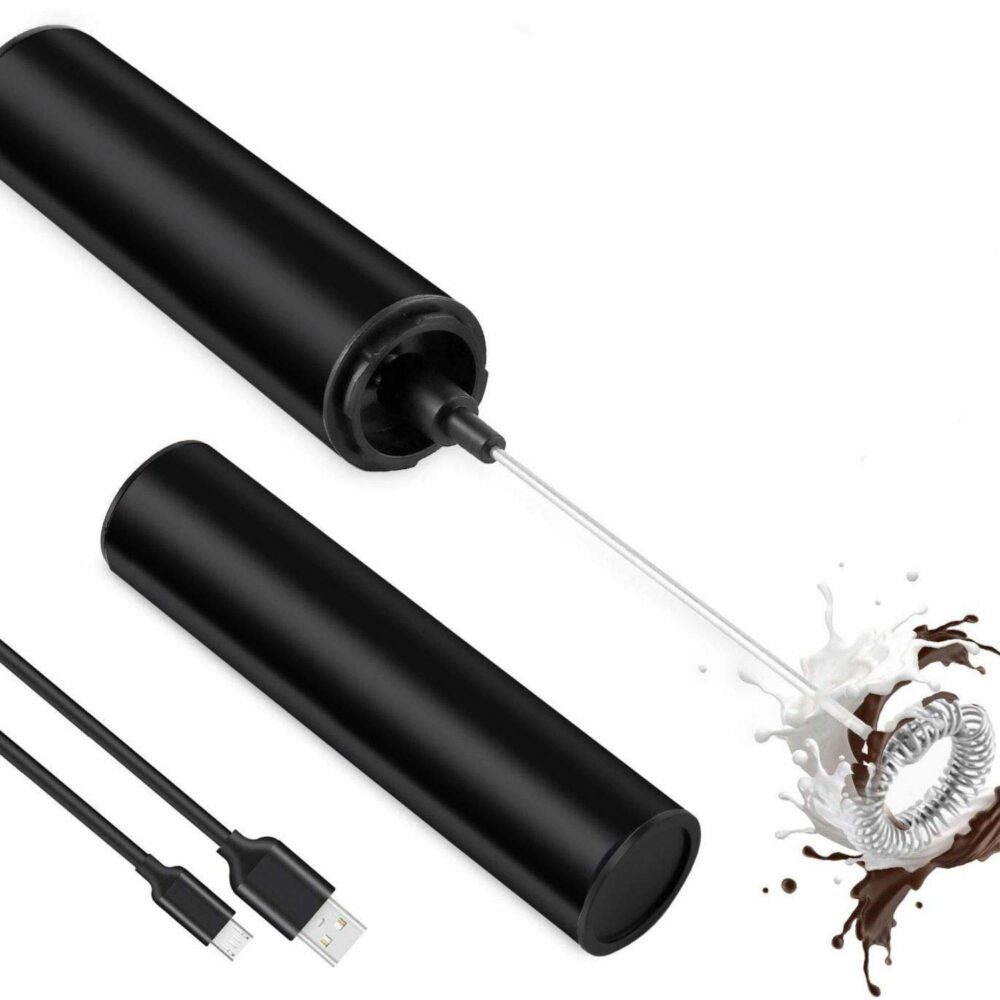 Travel Milk Frother Hand held Electric Coffee Beater with Rechargeable Battery USB Charging Cable, Travel Casing (Black)