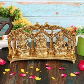 Metal Laxmi Ganesh Saraswati Idol, 28 cm Tall, Gold Antique, 1 Piece
