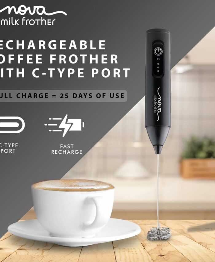 Nova Rechargeable Milk Frother & Coffee Whisker with Dual Spring Tech | 1 Year Replacement Warranty | Free Coffee Frothing Recipe Book