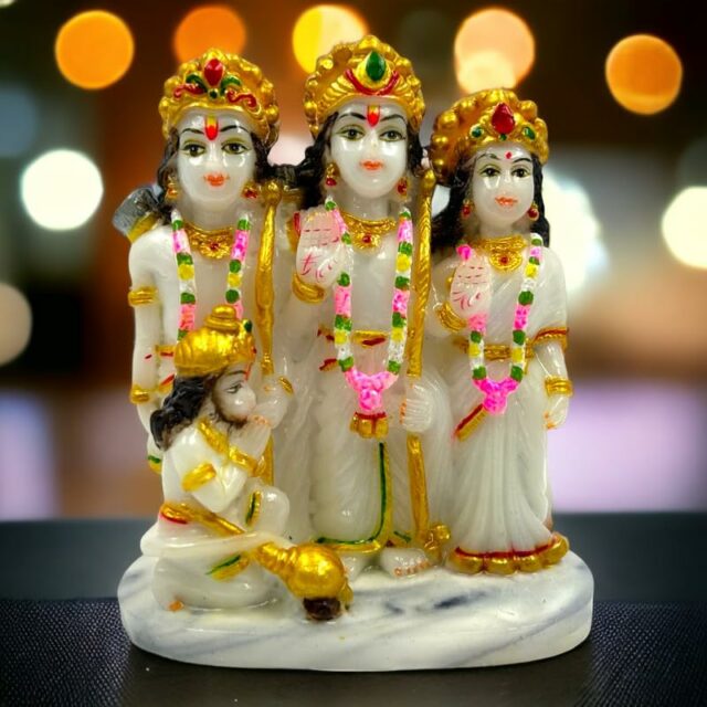 Pure Marble Ram Ji Darbar with MATA Sita, Laxman Or Hanuman Ji Murti for Pooja Home Temple Idol - (Size : 10 x 9 x 5 Cms) - White.