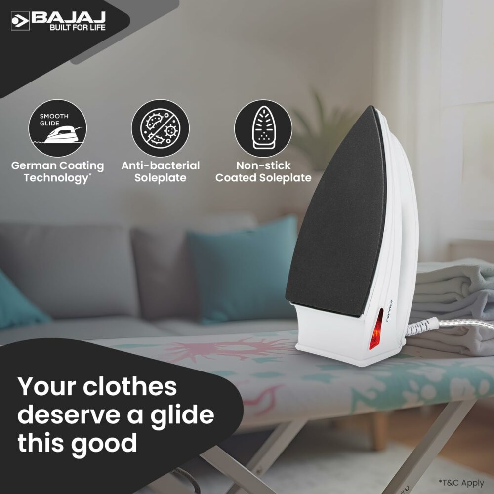 Bajaj Majesty DX-6 1000 Watts Dry Iron | Advance Soleplate And Anti-Bacterial German Coating Technology | Automatic Shut Off | Thermal Safety Fuse | 2-Yrs Warranty ?White? - Image 3