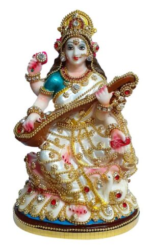 Saraswati Ji Murti | Goddess Saraswati Idol | Maa Sharda Murti | Maa Saraswati with decoration Decorative Showpiece & Idol (Pearl Colour). (H x W x D: 15cm X 10 cm X 5 cm),Resin