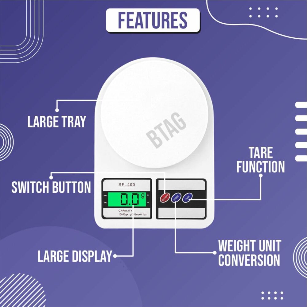 Btag Digital Kitchen Food Weighing Scale For Healthy Living, Home Baking, Cooking, Fitness & Balanced Diet. | Weighing Scale With Digital Display SF 400 10Kg x 1gms with 2 Batteries Included - Image 2