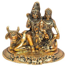 Metal Shiv Parivar Murti Idol, Shiva Parvati Ganesh on Nandi Idol Showpiece, Height 15 cm, Gold Antique,1 Piece