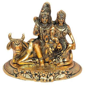 Metal Shiv Parivar Murti Idol, Shiva Parvati Ganesh on Nandi Idol Showpiece, Height 15 cm, Gold Antique,1 Piece