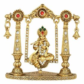 Lord Krishna Idol on Jhula Bansuri Krishna Idol (B-100) Gold Metal Statue for Home D?cor Car Dashboard Mandir Pooja Murti Temple Puja Office Table Showpiece