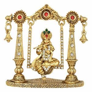 Lord Krishna Idol on Jhula Bansuri Krishna Idol (B-100) Gold Metal Statue for Home D?cor Car Dashboard Mandir Pooja Murti Temple Puja Office Table Showpiece