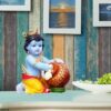 Hand Carved Baby Krishna Resin Sculpture Lord Krishna Makhan Chor Idol,7X 5 Inch (Blue)