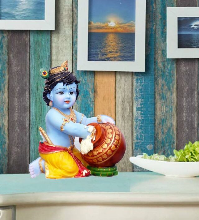 Hand Carved Baby Krishna Resin Sculpture Lord Krishna Makhan Chor Idol,7X 5 Inch (Blue)