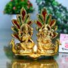 Laxmi Ganesh Idol Statue with Diya Peacock Design Decorative Showpiece - 14 cm (Metal, Gold) (Laxmi Ganesh Gold)
