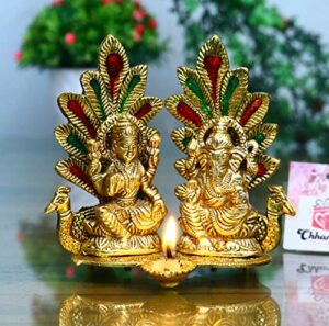 Laxmi Ganesh Idol Statue with Diya Peacock Design Decorative Showpiece - 14 cm (Metal, Gold) (Laxmi Ganesh Gold)