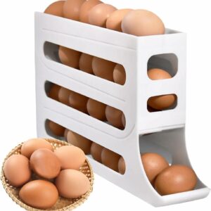 BUDGET BOX Rolling Egg Storage Rack ? 4-Tier Stackable Organizer for Fridge ? Space-Saving Dispenser Holds 28 Eggs ? Durable & Convenient (White/Cream)