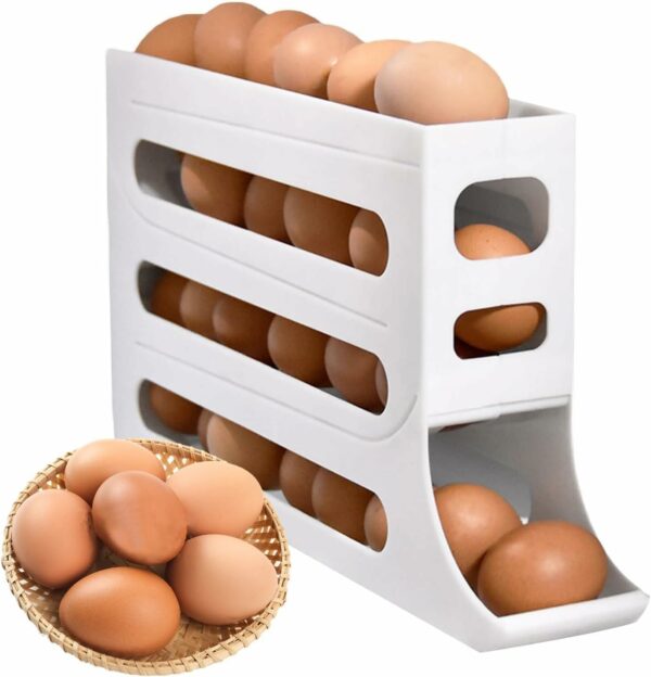 BUDGET BOX Rolling Egg Storage Rack ? 4-Tier Stackable Organizer for Fridge ? Space-Saving Dispenser Holds 28 Eggs ? Durable & Convenient (White/Cream)