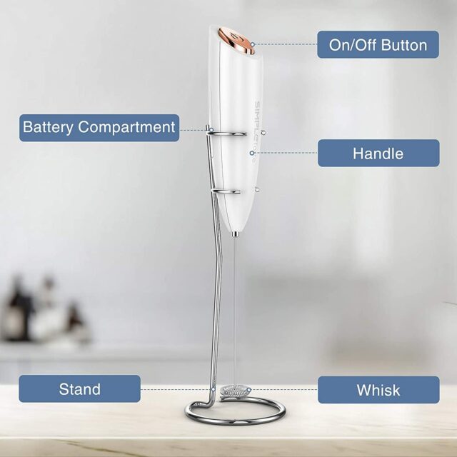 Electric Milk Frother with Stand, One Touch Handheld Whisk Batteries Powered Cappuccino Coffee Frother White, 1 Year Warranty