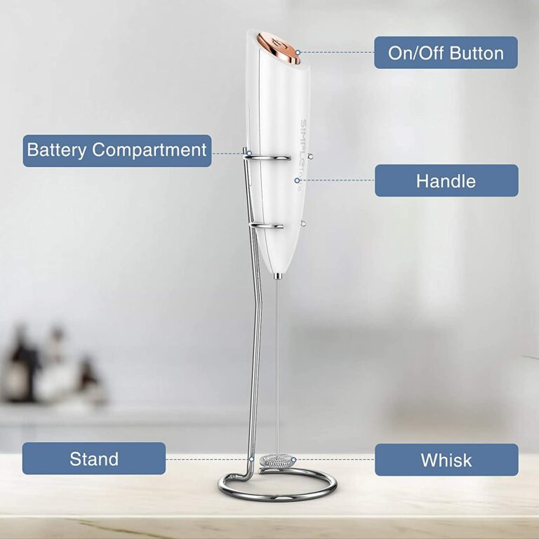 Electric Milk Frother with Stand, One Touch Handheld Whisk Batteries Powered Cappuccino Coffee Frother White, 1 Year Warranty