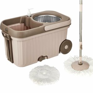 Amazon Brand - Presto! Elite Spin Mop with Steel Wringer and Auto-fold Handle, Chestnut, 2 Refills