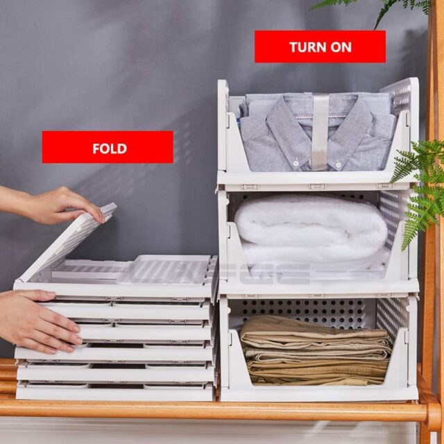 Polypropylene 3 Pieces Wardrobe Organizer for Storage/Foldable & Stackable Closet Basket/Cupboard Organizer for Clothes/Almirah Space Saver(White)