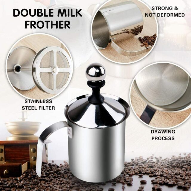 Stainless Steel Milk Frother Coffee Frother Blender-Manual Coffee Beater for Cappuccino-Foam Maker for Hot and Cold Coffee Milk with Double Froth Pump, Handle and Lid, Multicolor