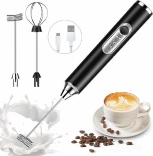 TimeS Handheld Milk Frother Rechargeable, 3-Speed Electric Frother for Coffee with 2 Whisks, Coffee Frother Mixer, Stand-up Design, for Cream, Latte, Cappuccino and for Butter Milk