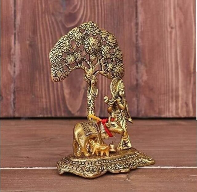 Metal Krishna with Cow Standing Under Tree Plying Flute Decorative Showpiece (Metal, Gold)