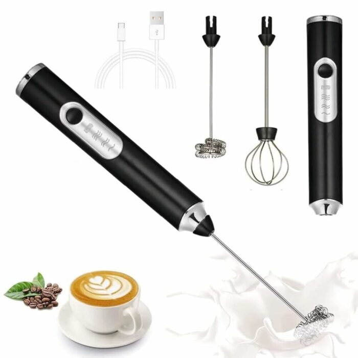 Rechargeable Handheld Milk Frother - 3-Speed Electric Foam Maker for Coffee with 2 Whisks and Coffee Decoration Tool, Coffee Frother Mixer, Stand-up Design, for Cream, Latte, Cappuccino