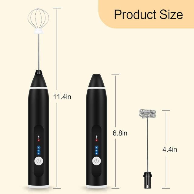 Handheld Milk Frother, USB Rechargeable 3 Speed Modes Mini Electric Milk Foam Maker with 2 Different Whisking Head Mixer for Coffee, Latte, Cappuccino, Hot Chocolate & Egg Whisks