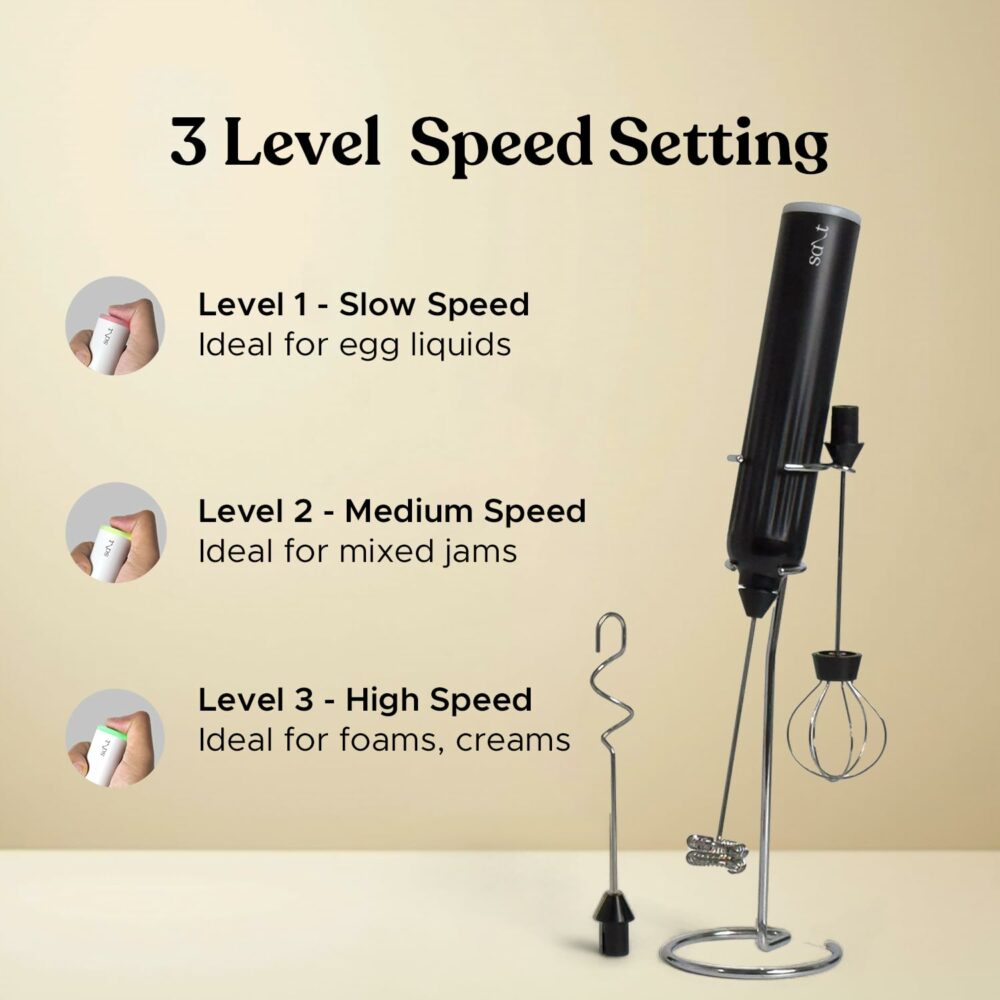 AeroWhisk Pro Rechargeable Frother | 3 Speed Modes | 3 Replaceable Heads - Milk Frother, Egg Beater, Mixer | Powerful Motor with 1500mAh Battery | Stand Included (Black) - Image 3