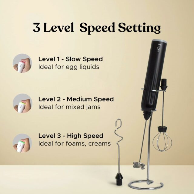 AeroWhisk Pro Rechargeable Frother | 3 Speed Modes | 3 Replaceable Heads - Milk Frother, Egg Beater, Mixer | Powerful Motor with 1500mAh Battery | Stand Included (Black)