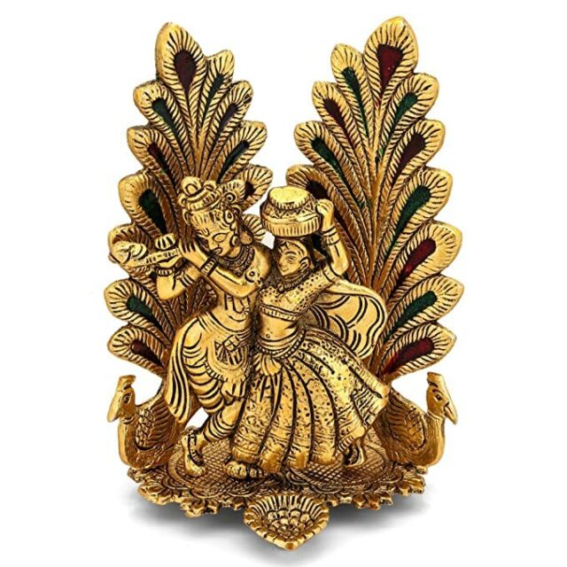 Handicraft Radha Krishna Idol Showpiece Statue with Peacock Design Diya for Puja and Home Decor (8 x 6 Inches), Metal, Gold (1)