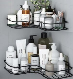 Oslen (Pack of 2 Self-Adhesive Shelf/Storage Organizer for Bathroom and Kitchen Corner Wall Mounted Rack Shelf Bathroom Accessories Storage Rack (No Drilling-Shelf Adhesive) (8 and 9 INCH,Black)