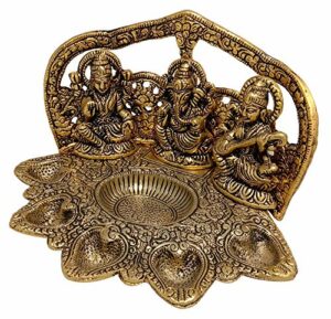 Metal Handmade Laxmi Ganesh Saraswati Idol Pooja Puja Thali for Worship Home Decor (Golden, 9 X 6 X 5 Inches)
