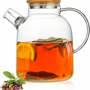 KELVEE Glass Teapot with Removable Filter Spout and Bamboo Lid 1.8 Liter, Stovetop Safe Tea Pot,Clear Glass Tea Pot for Loose Leaf, Blooming Tea (Wooden Cap - 1800ml)