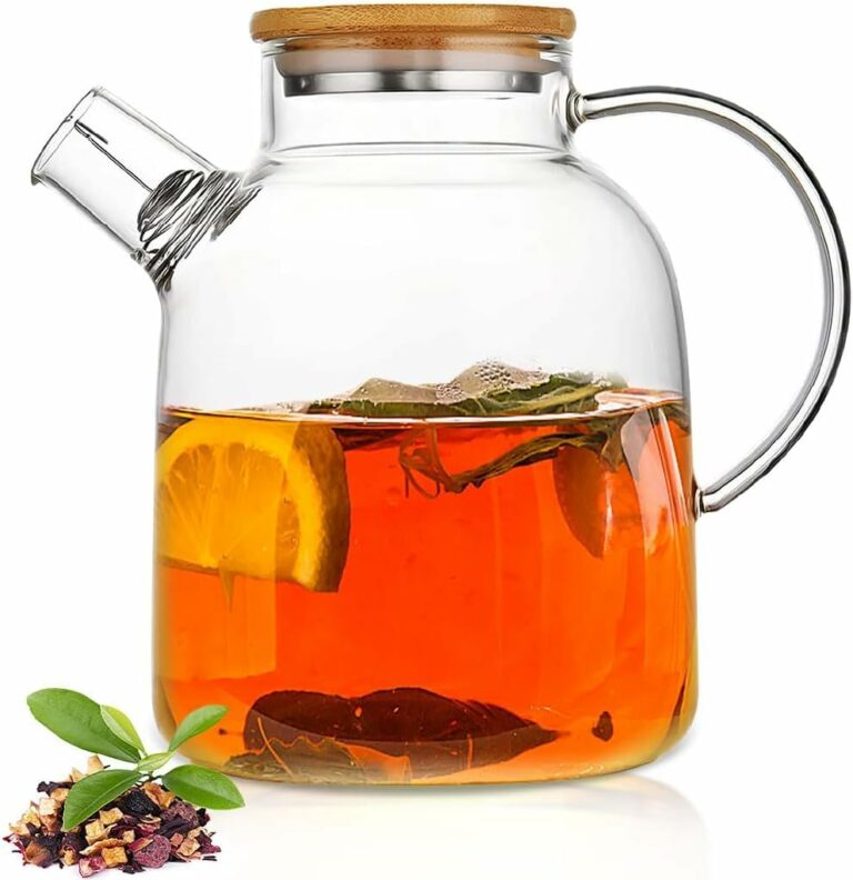 KELVEE Glass Teapot with Removable Filter Spout and Bamboo Lid 1.8 Liter, Stovetop Safe Tea Pot,Clear Glass Tea Pot for Loose Leaf, Blooming Tea (Wooden Cap - 1800ml)