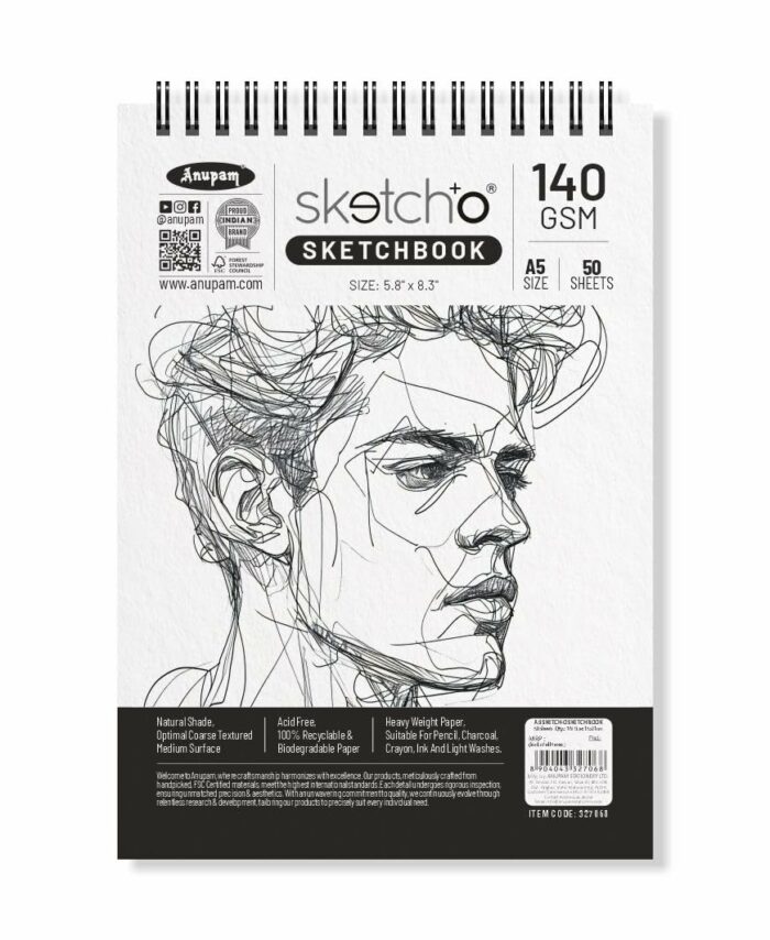 Anupam Sketch-O Sketchbook A5 | 50 Sheet 100 Pages | 140GSM | Durable Acid Free Drawing Paper |Top Spiral-Bound Sketchpad for Artists Kids & Professionals for Marker Colored Pencil Charcoal