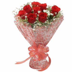 The FloralMart Real Fresh Flowers Bouquet with Seasonal Fillers and Leaves, Bunch of Roses in Beautiful Wrappings for Mothers Day Gift (08 Roses) (Red)