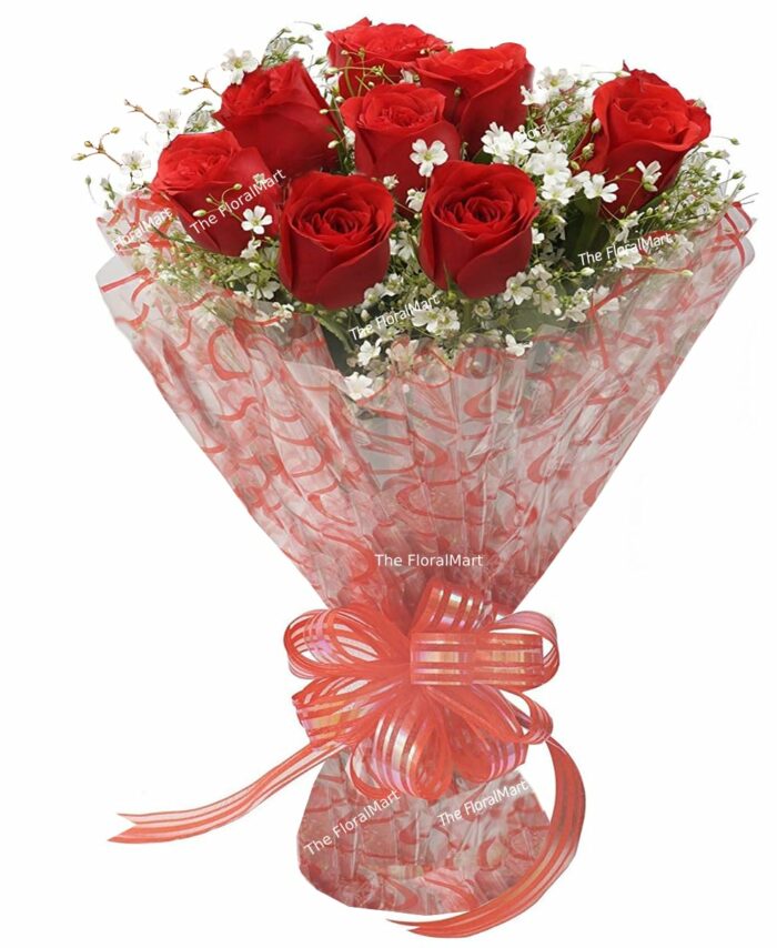 The FloralMart Real Fresh Flowers Bouquet with Seasonal Fillers and Leaves, Bunch of Roses in Beautiful Wrappings for Mothers Day Gift (08 Roses) (Red)
