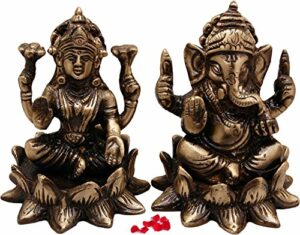 Brass Laxmi Ganesh Idol Pair, Standard, Weight - 700 Grams Antique Brown, 2 Piece