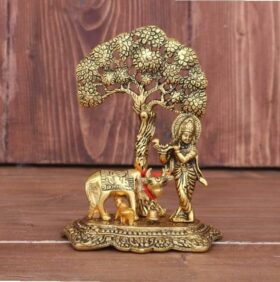 Metal Krishna with Cow Standing Under Tree Plying Flute Decorative Showpiece (Metal, Gold)