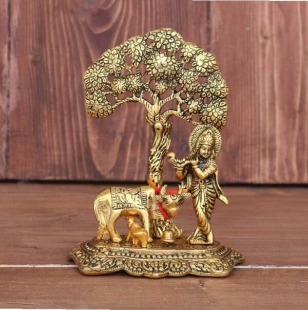 Metal Krishna with Cow Standing Under Tree Plying Flute Decorative Showpiece (Metal, Gold)