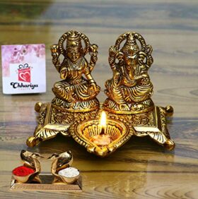 Metal Laxmi Ganesh Idol with Diya and Kumkum Box Kissing Duck for Pooja Home and Office Combo Offer for Diwali Gift (Diwali Offer, Standard)