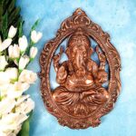 Lord Ganesh Oval Metal Wall Hanging Plate - 16 Inch - Brown - Home Decor