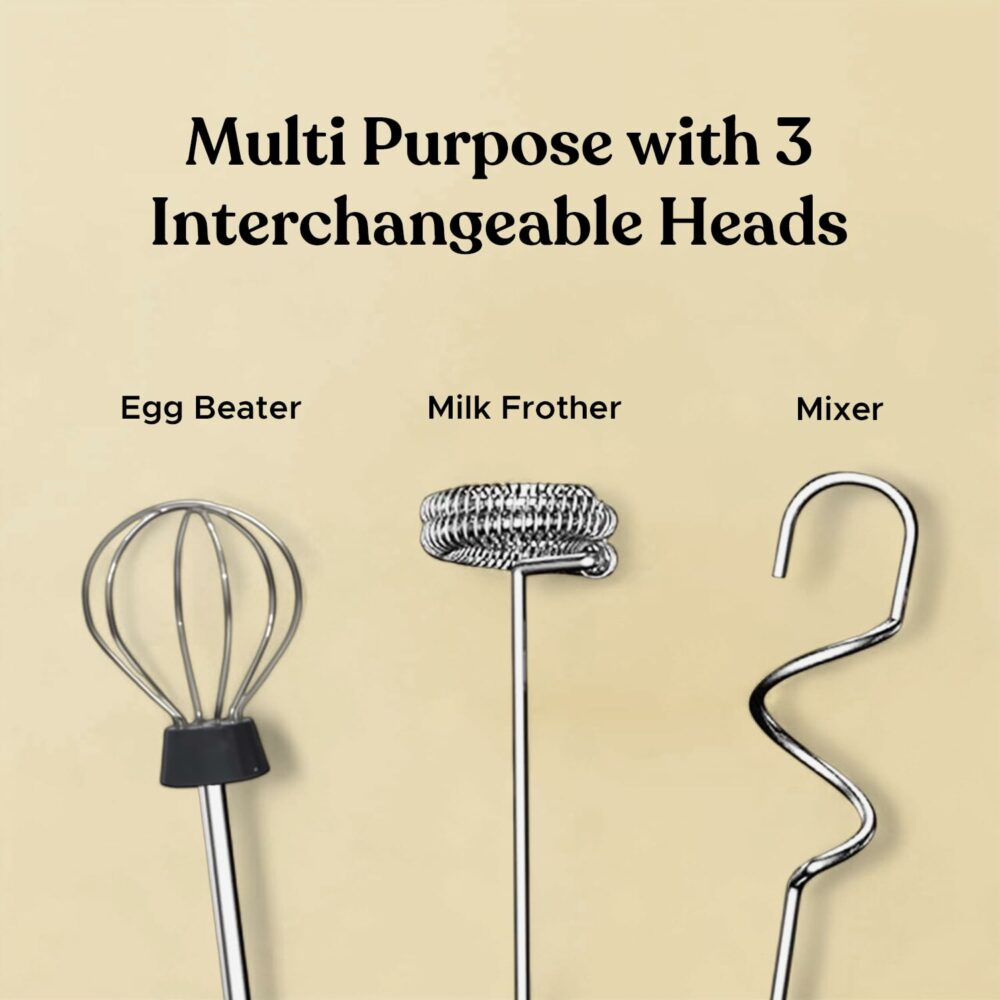AeroWhisk Pro Rechargeable Frother | 3 Speed Modes | 3 Replaceable Heads - Milk Frother, Egg Beater, Mixer | Powerful Motor with 1500mAh Battery | Stand Included (Black) - Image 4