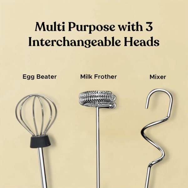 AeroWhisk Pro Rechargeable Frother | 3 Speed Modes | 3 Replaceable Heads - Milk Frother, Egg Beater, Mixer | Powerful Motor with 1500mAh Battery | Stand Included (Black) - Image 4