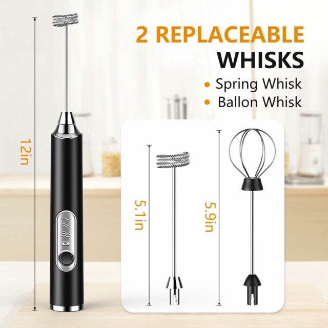 TimeS Handheld Milk Frother Rechargeable, 3-Speed Electric Frother for Coffee with 2 Whisks, Coffee Frother Mixer, Stand-up Design, for Cream, Latte, Cappuccino and for Butter Milk